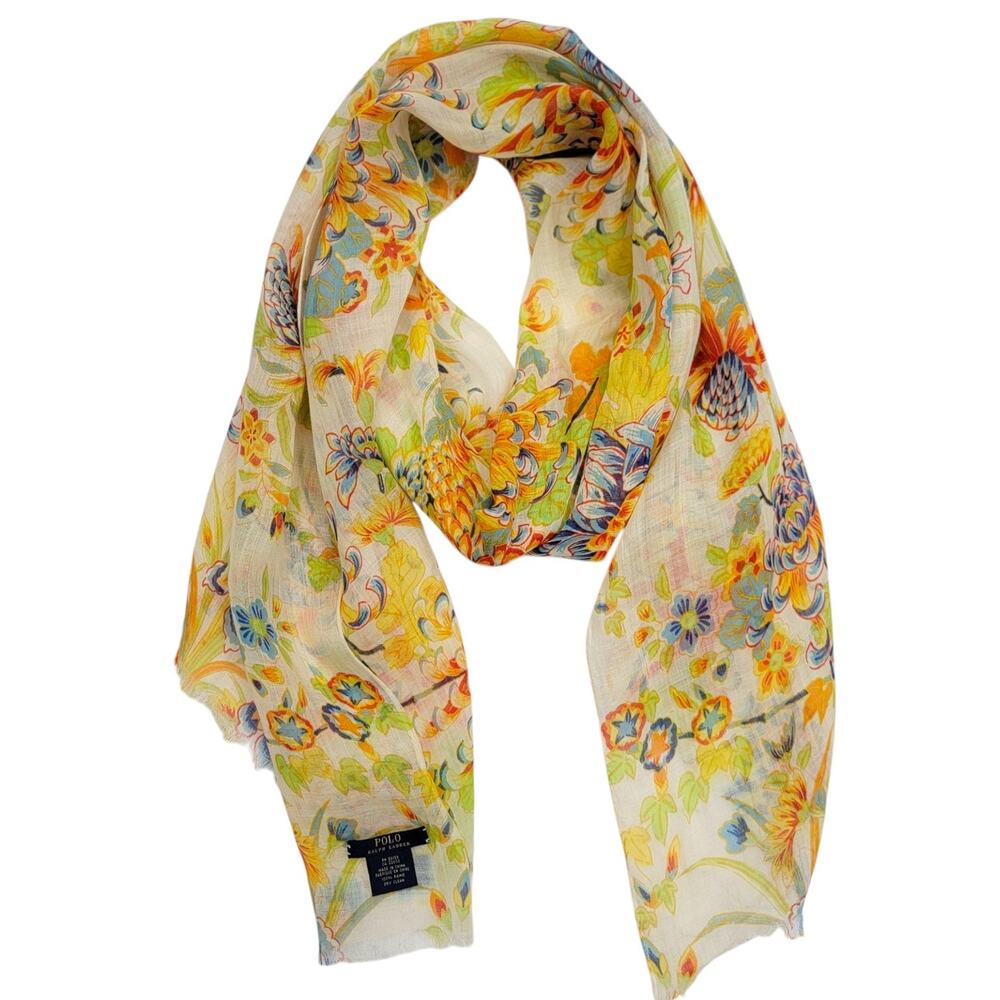 Polo Ralph Lauren Scarf Wrap Floral Botanical Ramie Lightweight Sheer Fringe